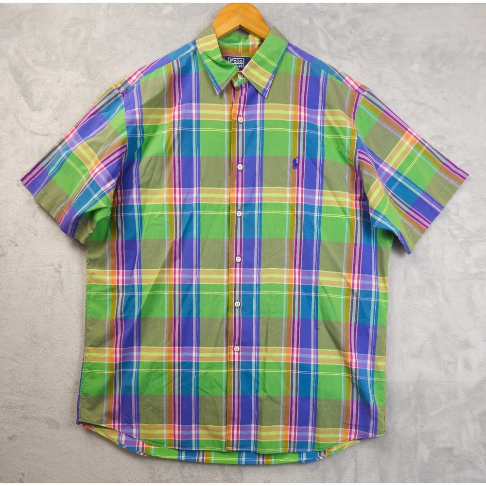 Polo Ralph Lauren Mens Large Shirt Cotton Colourful Green Blue Plaid Check VTG